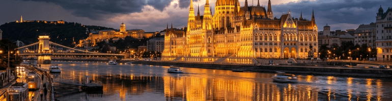 Hungarian Parliament building lit up at dusk reflecting on the Danube River in Budapest