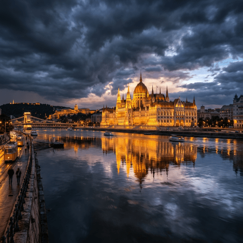 Hungarian Parliament building lit up at dusk reflecting on the Danube River in Budapest