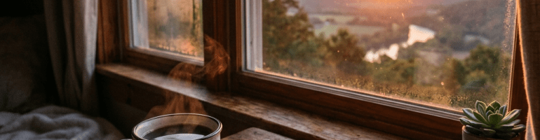 Steaming coffee mug labeled Sunrise Brew, smartphone displaying 6:32 sunrise time, Bose headphones on wooden table by window