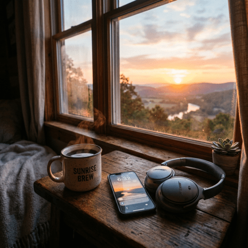 Steaming coffee mug labeled Sunrise Brew, smartphone displaying 6:32 sunrise time, Bose headphones on wooden table by window