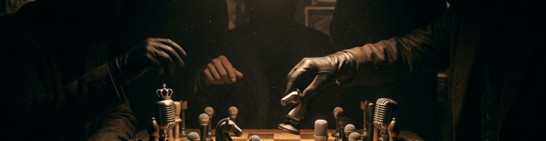 Four shadowed people playing chess with microphones and a crown as chess pieces under a single overhead light