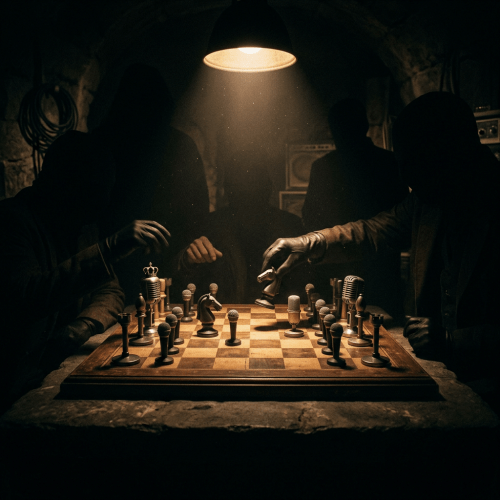 Four shadowed people playing chess with microphones and a crown as chess pieces under a single overhead light