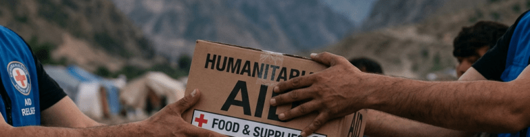 Volunteers handing over boxes labeled humanitarian aid and food supplies outdoors