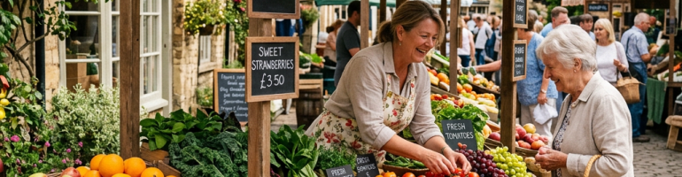 Market stall with organic fruits and vegetables being purchased by an elderly woman