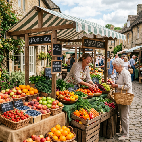 Market stall with organic fruits and vegetables being purchased by an elderly woman