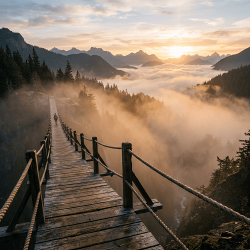 Wooden suspension bridge over foggy valley with a person walking, surrounded by mountains and trees at sunrise.