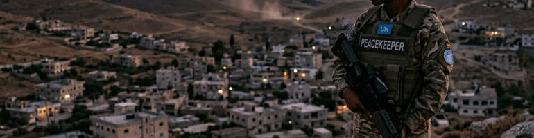 UN peacekeeper in uniform with blue beret holding a rifle overlooking a village at sunset