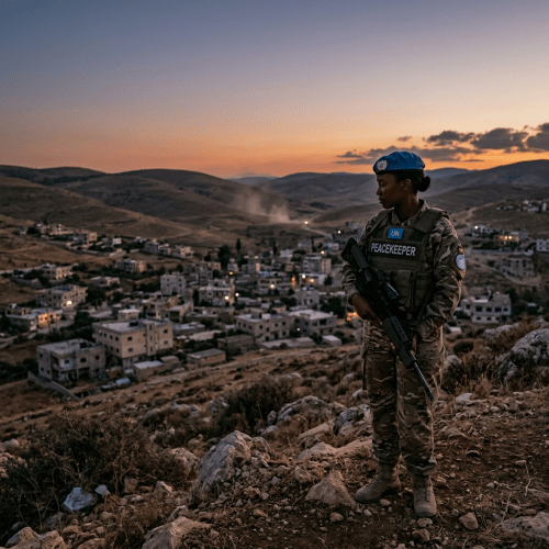 UN peacekeeper in uniform with blue beret holding a rifle overlooking a village at sunset