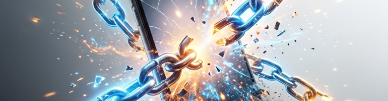 Smartphone breaking glowing chains with sparks