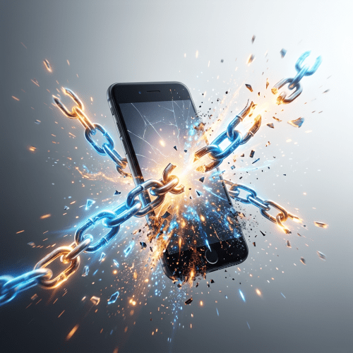 Smartphone breaking glowing chains with sparks
