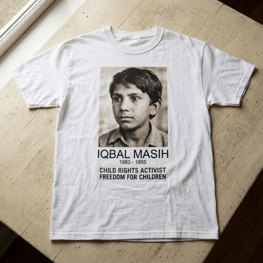 White T-shirt with black and white portrait of Iqbal Masih and text about child rights activism