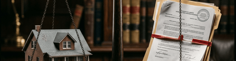 Wooden scales balancing a miniature house and a stack of legal documents.