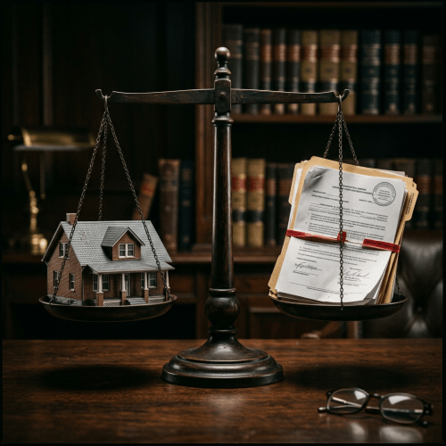Wooden scales balancing a miniature house and a stack of legal documents.