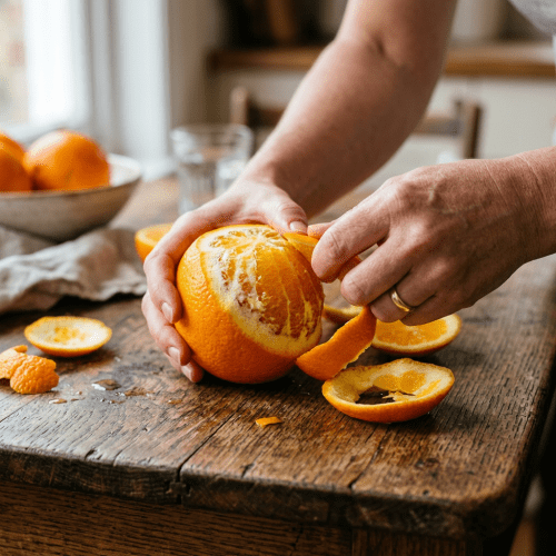Hands peeling the skin off a fresh orange on a wooden table