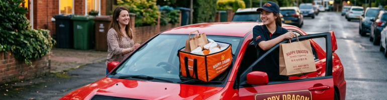 Delivery driver handing food bags to customer next to red delivery car on residential street