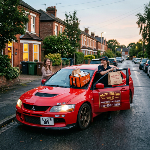 Delivery driver handing food bags to customer next to red delivery car on residential street