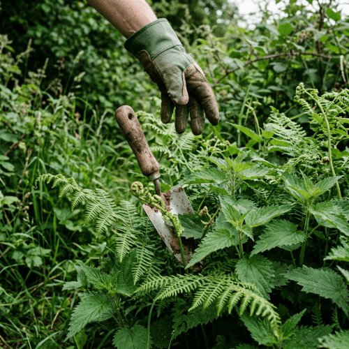 Gloved hand with trowel digging among green ferns and plants
