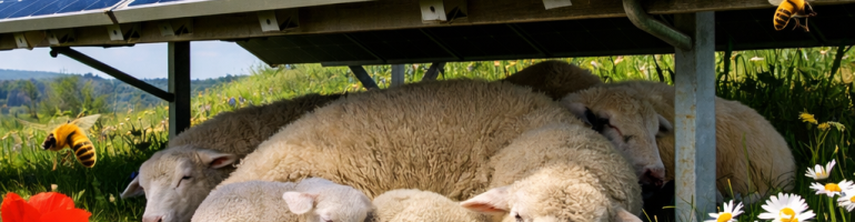 Sheep lying under solar panels with wildflowers and bees around