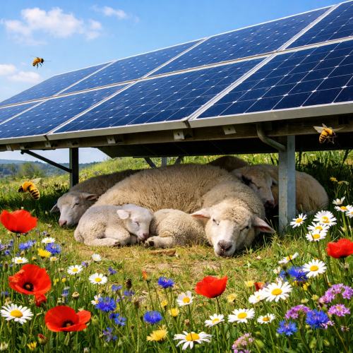 Sheep lying under solar panels with wildflowers and bees around