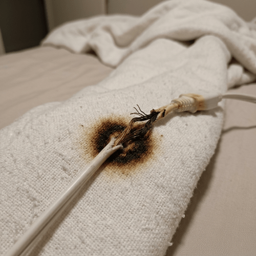 Burned electrical cord with exposed wires and scorch mark on white fabric