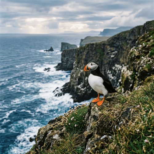 Atlantic puffin perched on mossy cliff with ocean and rugged coastline background