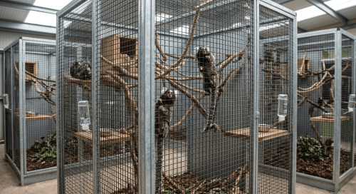 Three small marmosets clinging to branches inside metal mesh enclosures