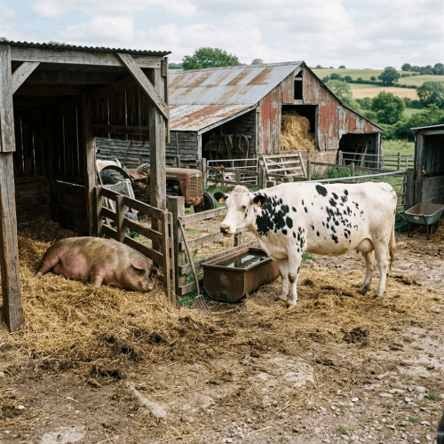 Pig lying on straw and cow standing near water trough in a farmyard
