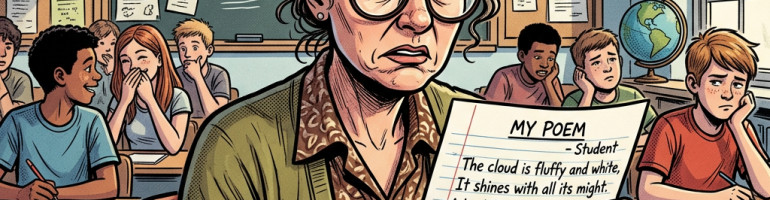 Teacher with glasses reading a student's poem looking concerned and confused in a classroom