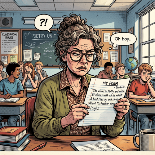 Teacher with glasses reading a student's poem looking concerned and confused in a classroom