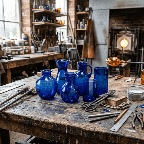 Six blue glass vessels of various shapes on a wooden workbench with glassblowing tools and furnace in background