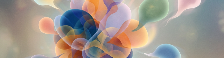 Translucent overlapping fluid shapes in blue, orange, purple, green, and yellow hues.