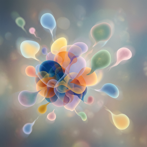 Translucent overlapping fluid shapes in blue, orange, purple, green, and yellow hues.