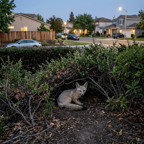 Fox curled up under bushes in suburban neighborhood at dusk