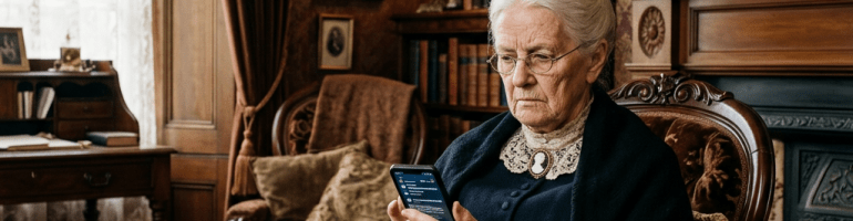 Elderly woman in vintage attire sitting on antique chair using smartphone
