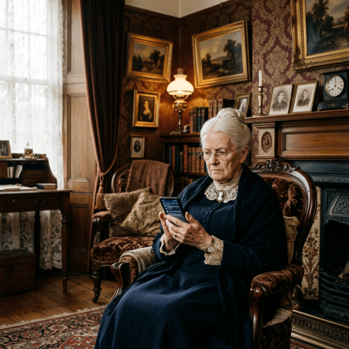 Elderly woman in vintage attire sitting on antique chair using smartphone
