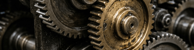 Interlocking metallic gears of various sizes in a machine