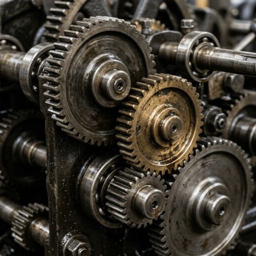 Interlocking metallic gears of various sizes in a machine