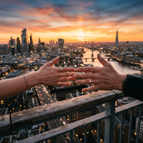 Two hands nearly touching on a rooftop with London cityscape and sunset in background