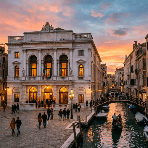 Teatro La Fenice opera house with people outside and gondolas on a canal at sunset