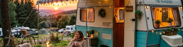 Campervan with outdoor seating and string lights at sunset with a woman drinking from a cup