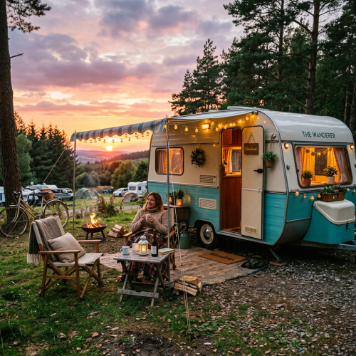 Campervan with outdoor seating and string lights at sunset with a woman drinking from a cup