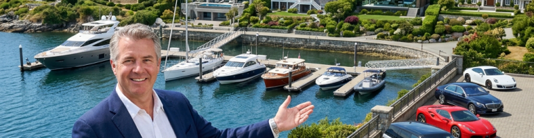 Man in navy blazer presenting waterfront estate with yachts and luxury cars