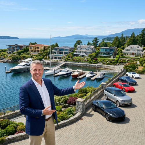 Man in navy blazer presenting waterfront estate with yachts and luxury cars