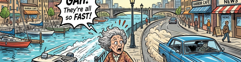 Elderly woman startled by fast-moving helicopter, airplane, boat, and car near waterfront