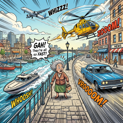 Elderly woman startled by fast-moving helicopter, airplane, boat, and car near waterfront