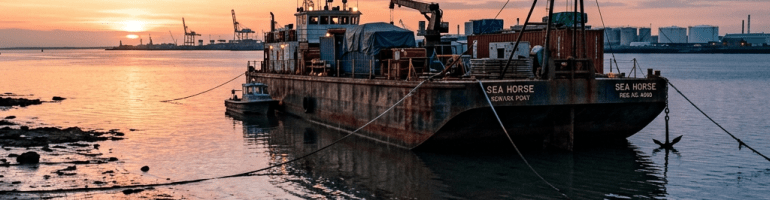 Cargo ship Sea Horse docked near muddy shore at sunset