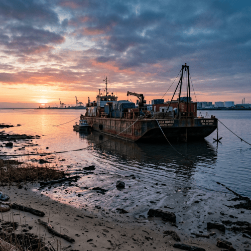 Cargo ship Sea Horse docked near muddy shore at sunset