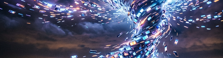 Tornado made of numerous glowing smartphones swirling over a neighborhood at night