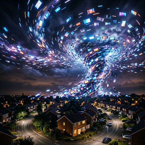 Tornado made of numerous glowing smartphones swirling over a neighborhood at night