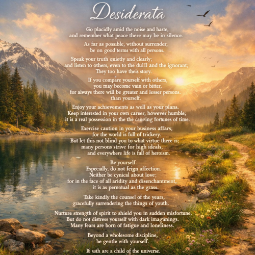Text of the Desiderata poem over a peaceful mountain lake during sunset with trees, mountains, and birds.